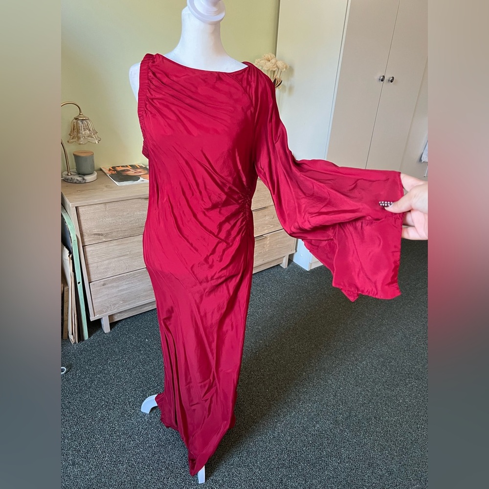 Maroon Red One Sleeve Shoulder Asymmetrical Midi Satin Formal Fancy Dress Sz L - Picture 16 of 16